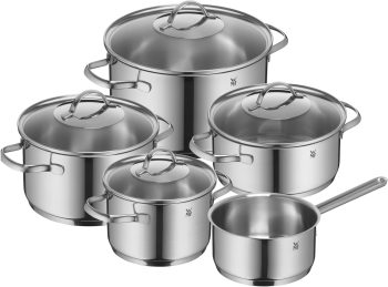 WMF Provence Plus - Batería de Cocina 9 Piezas, Acero Inoxidable Apto para Inducción, 1 Cacerola Baja de 20 cm, 3 Cacerolas Altas de 16 cm, 20 cm y 24 cm, 1 Cazo 16 cm con 4 Tapas de Cristal
