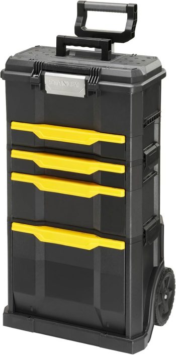 STANLEY Taller rodante Modular 3 en 1 apilable con Ruedas Resistentes, asa telescópica, organizadores Integrados y Capacidad de 35 kg, Ideal para Herramientas eléctricas y manuales, 1-79-206